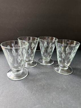 Vintage Glass Criss Cross And Punties Design Juice Glasses Set (4) MCM Atomic